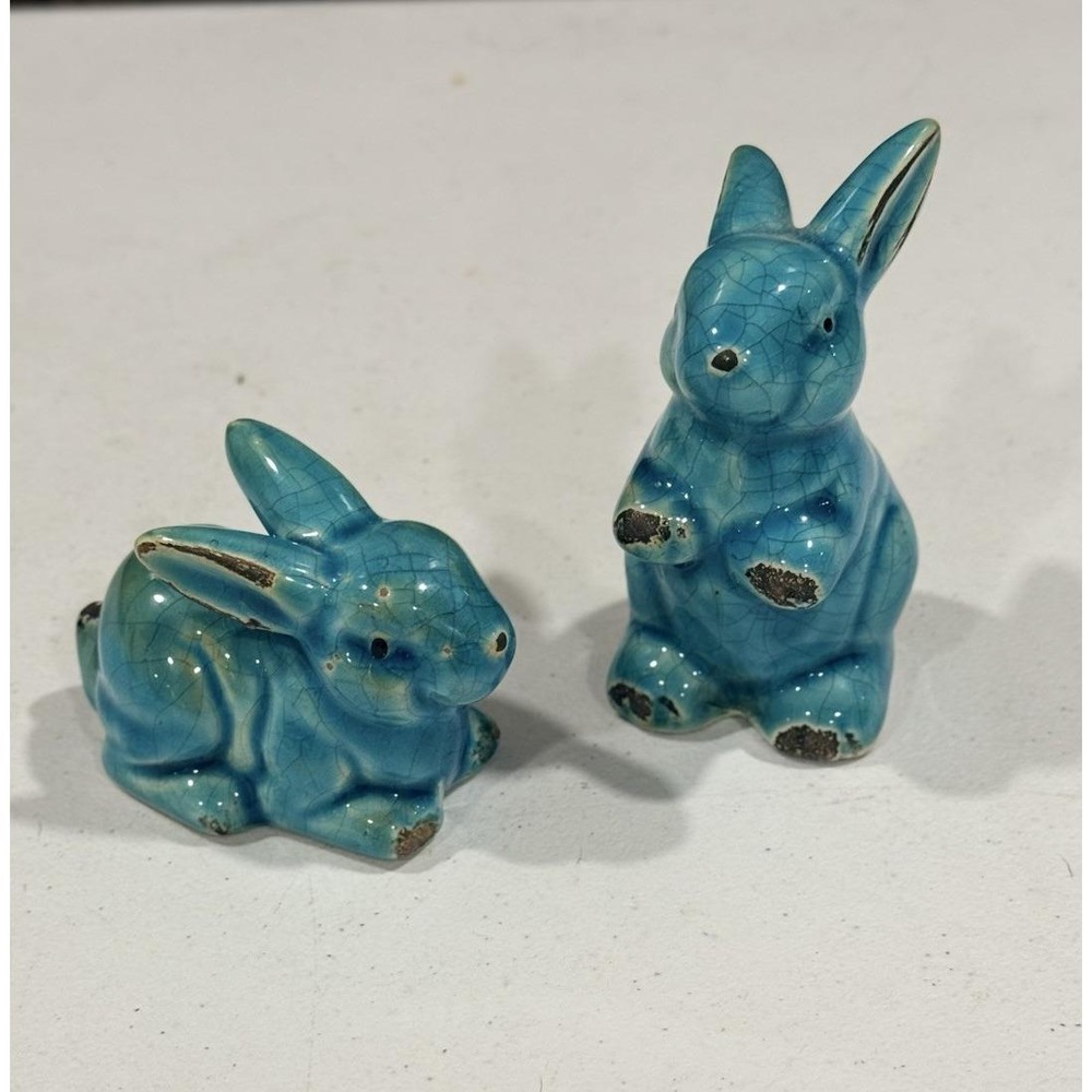 Turquoise Crackle Glaze Rabbit Figurines (2) Distressed Vintage Style